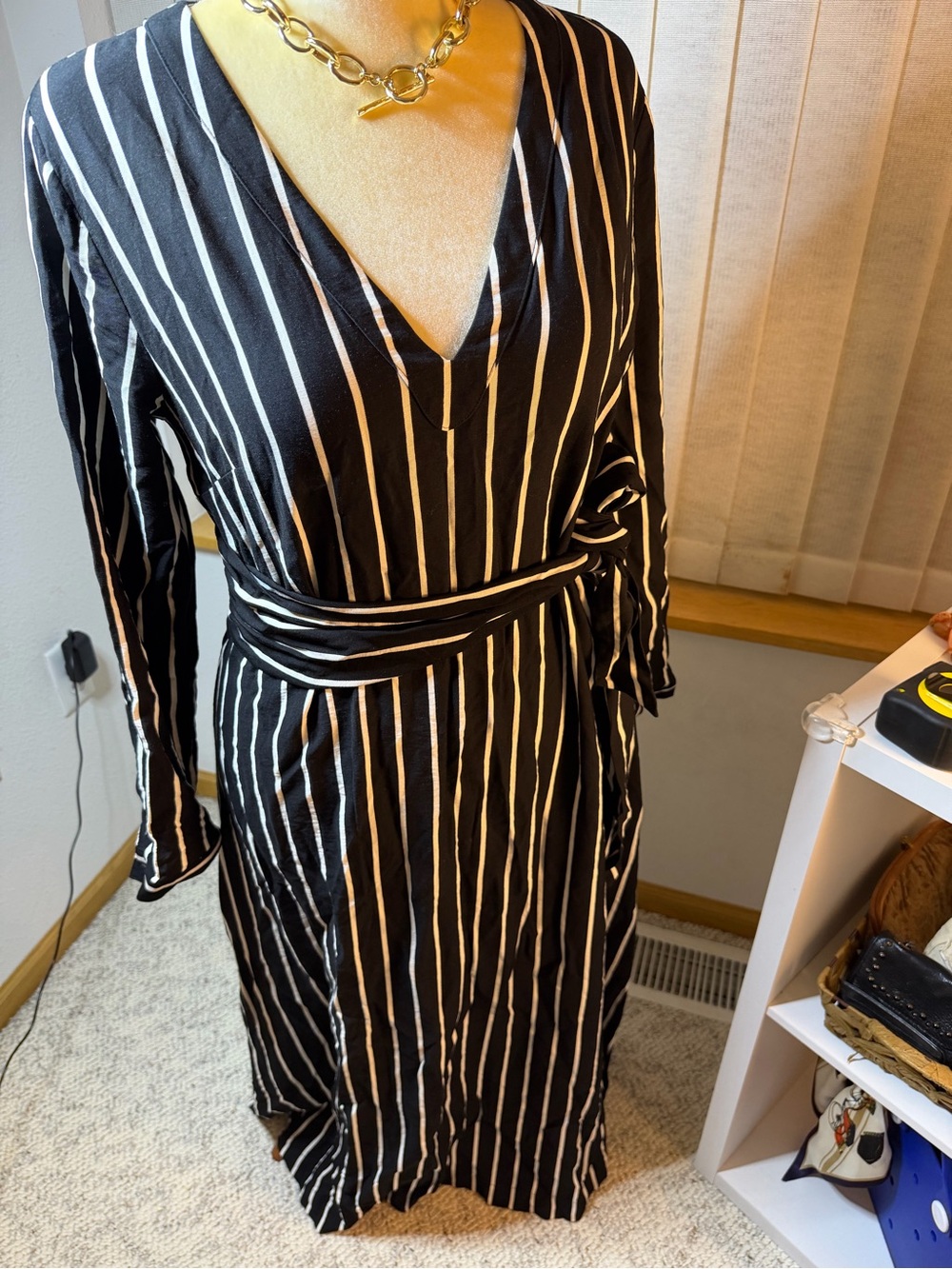 LOFT Black and White Vertical Stripe Wrap Maxi Dress